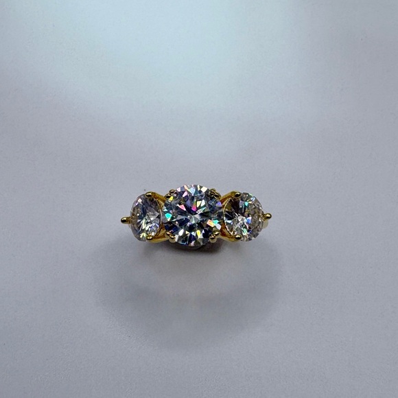 4CT Moissanite 3-Stone Ring | 2CT Center | 14K Gold Plated | Sz 6 | Certificate - Picture 6 of 8